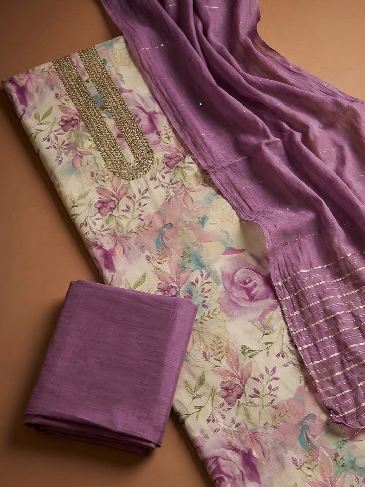 Lavender Cotton Blend Printed Unstitched Dress Material