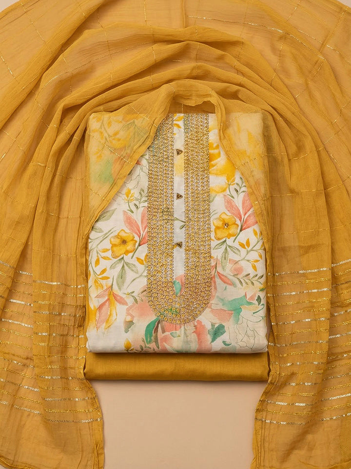 Mustard Cotton Blend Printed Unstitched Dress Material
