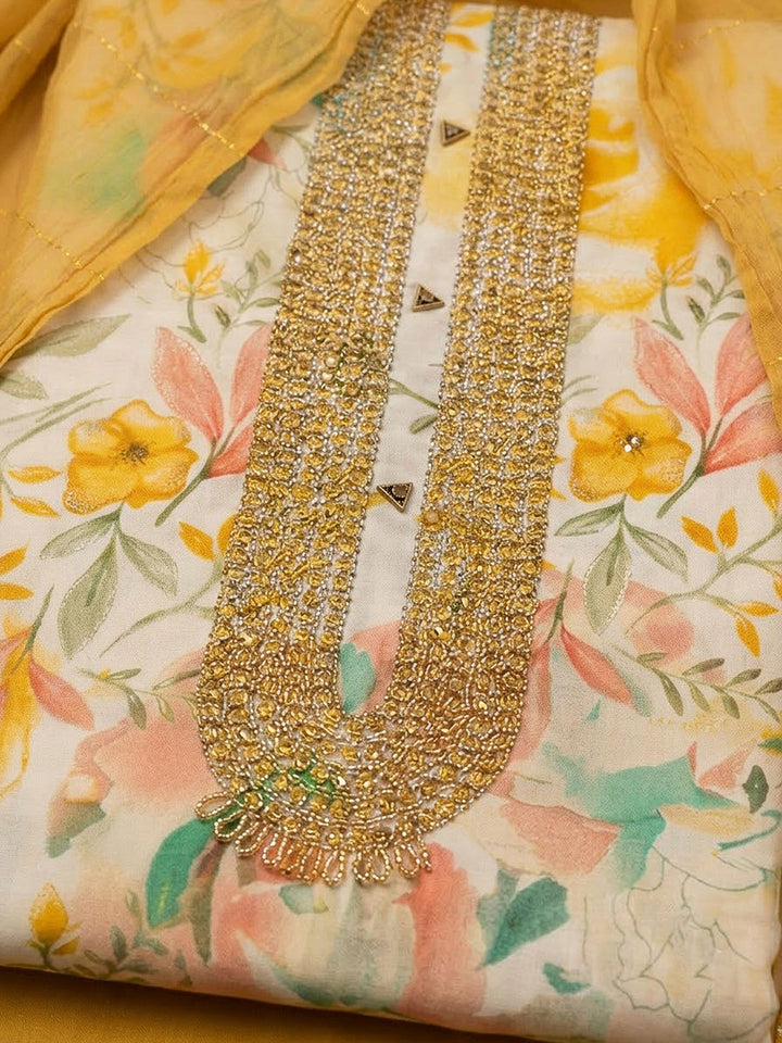Mustard Cotton Blend Printed Unstitched Dress Material