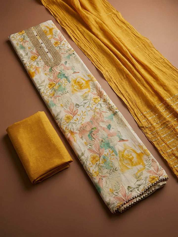 Mustard Cotton Blend Printed Unstitched Dress Material