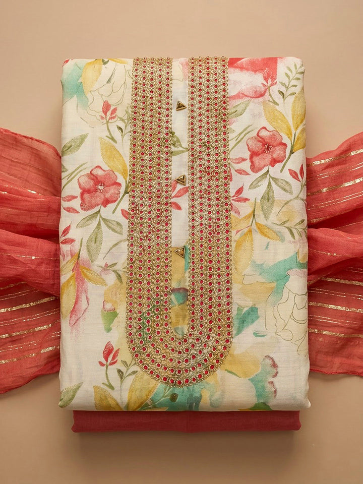 Peach Cotton Blend Printed Unstitched Dress Material