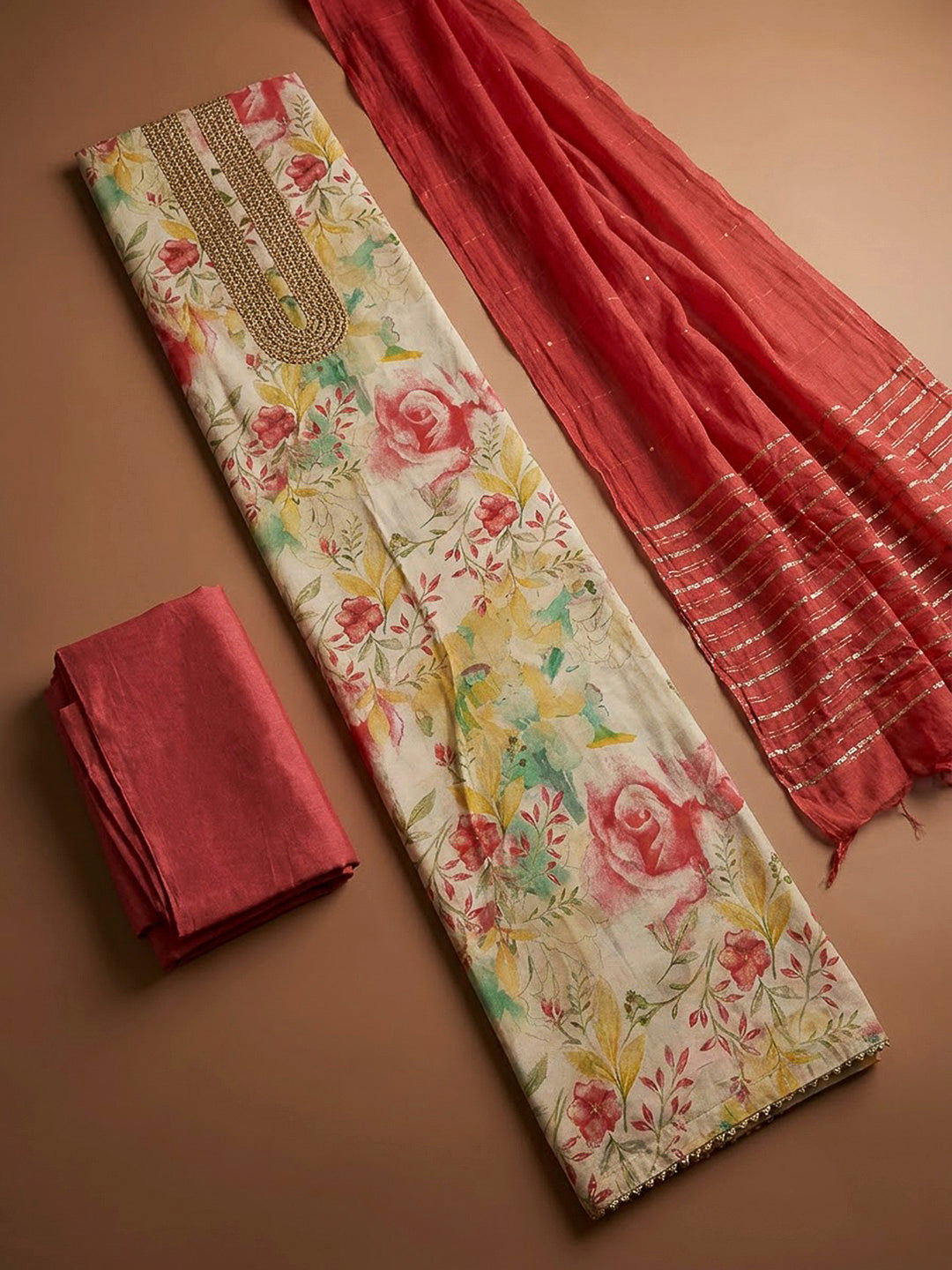 Peach Cotton Blend Printed Unstitched Dress Material