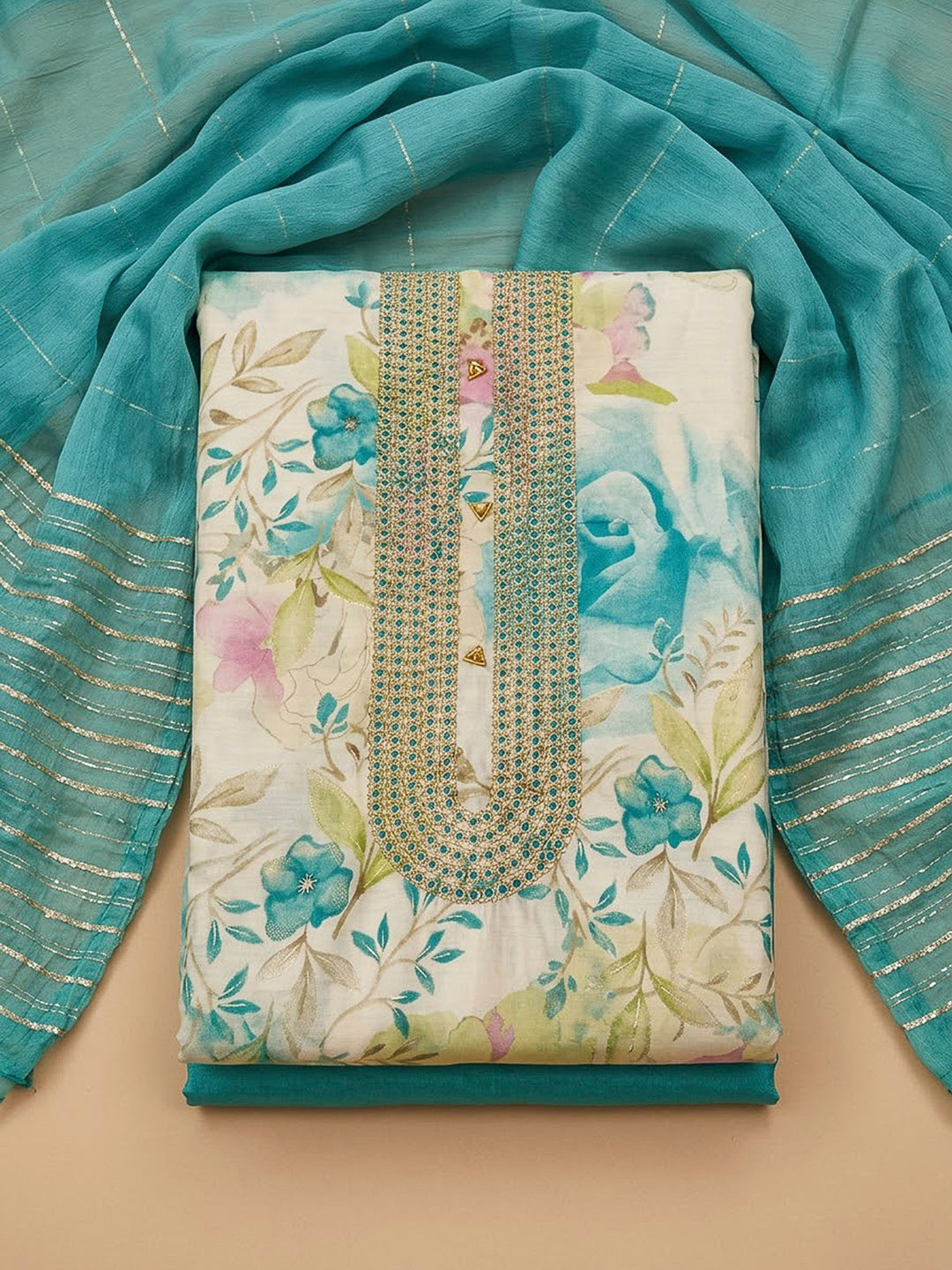Rama Green Cotton Blend Printed Unstitched Dress Material