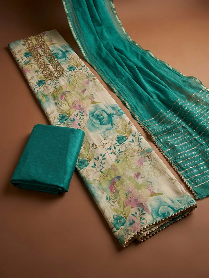 Rama Green Cotton Blend Printed Unstitched Dress Material