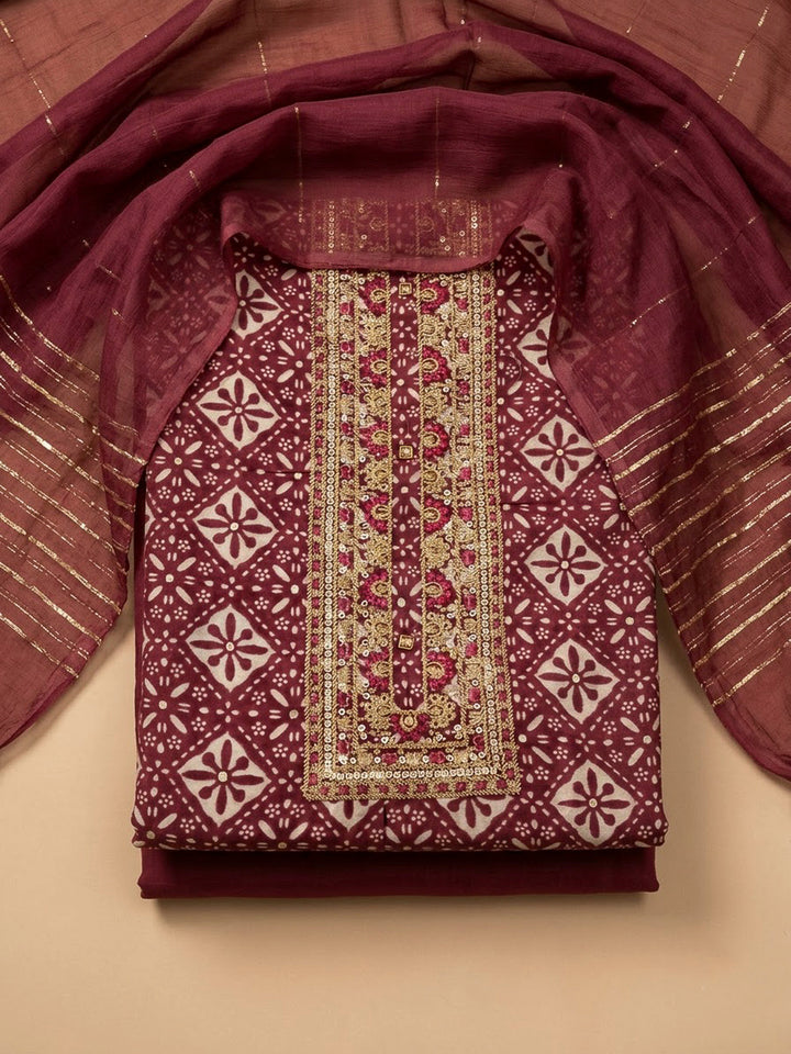 Maroon Cotton Blend Embroidered Unstitched Dress Material