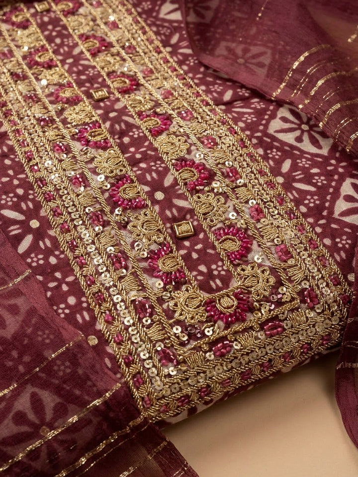 Maroon Cotton Blend Embroidered Unstitched Dress Material