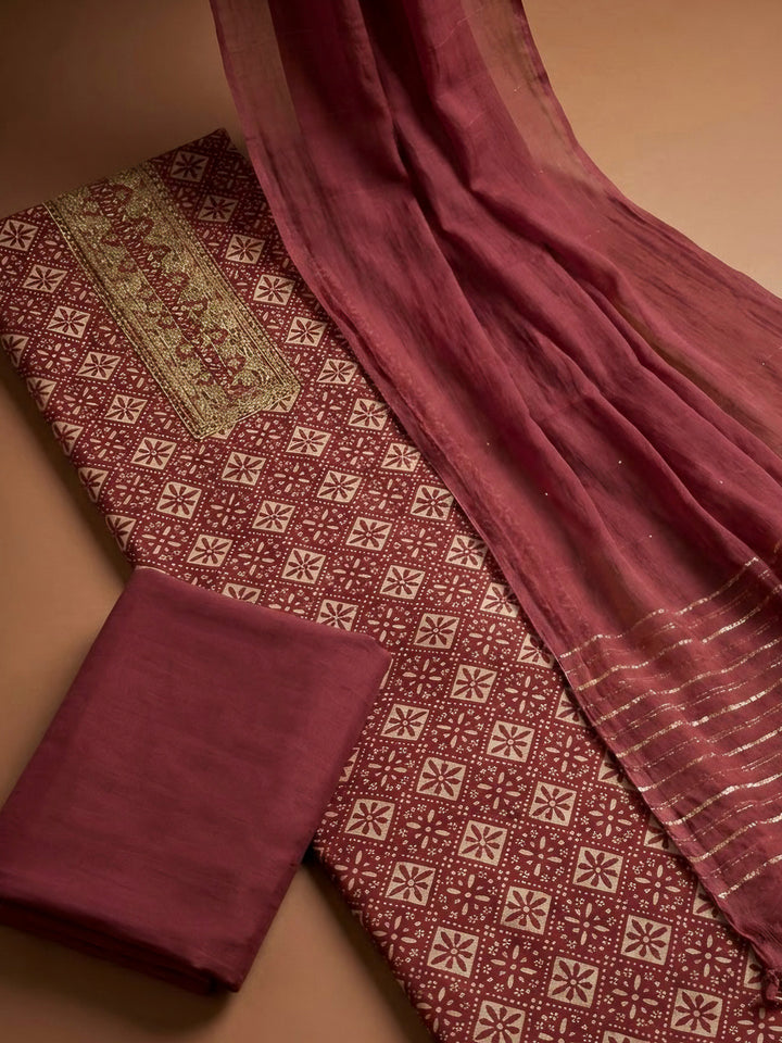 Maroon Cotton Blend Embroidered Unstitched Dress Material