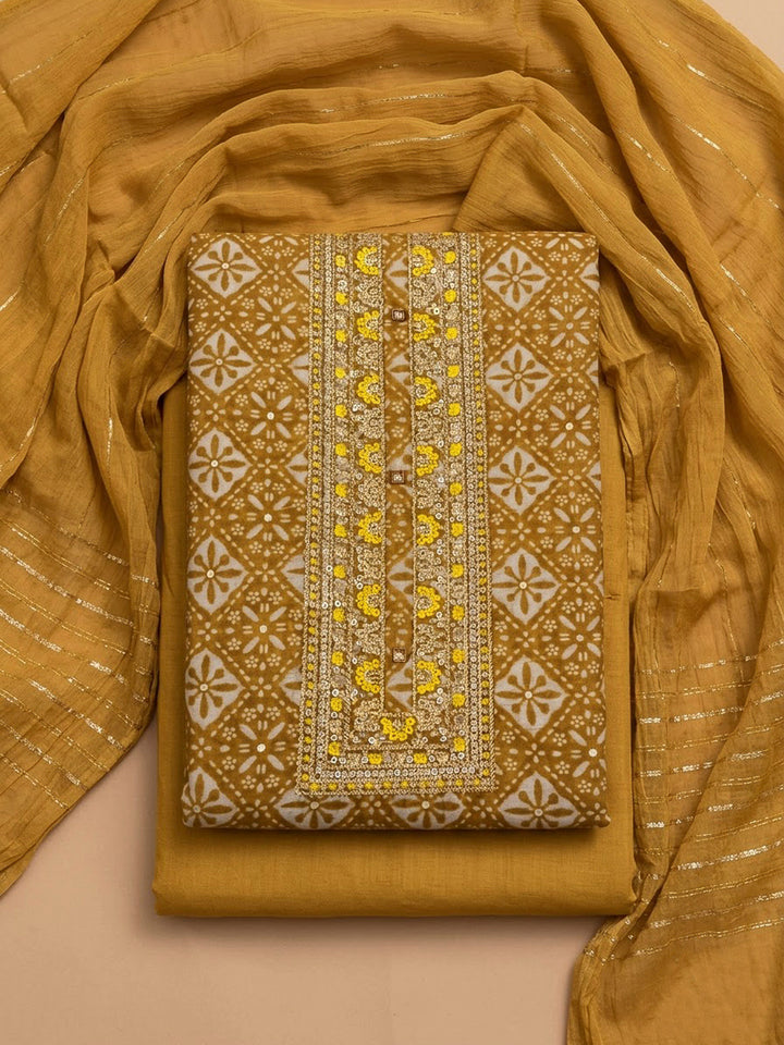 Mustard Cotton Blend Embroidered Unstitched Dress Material