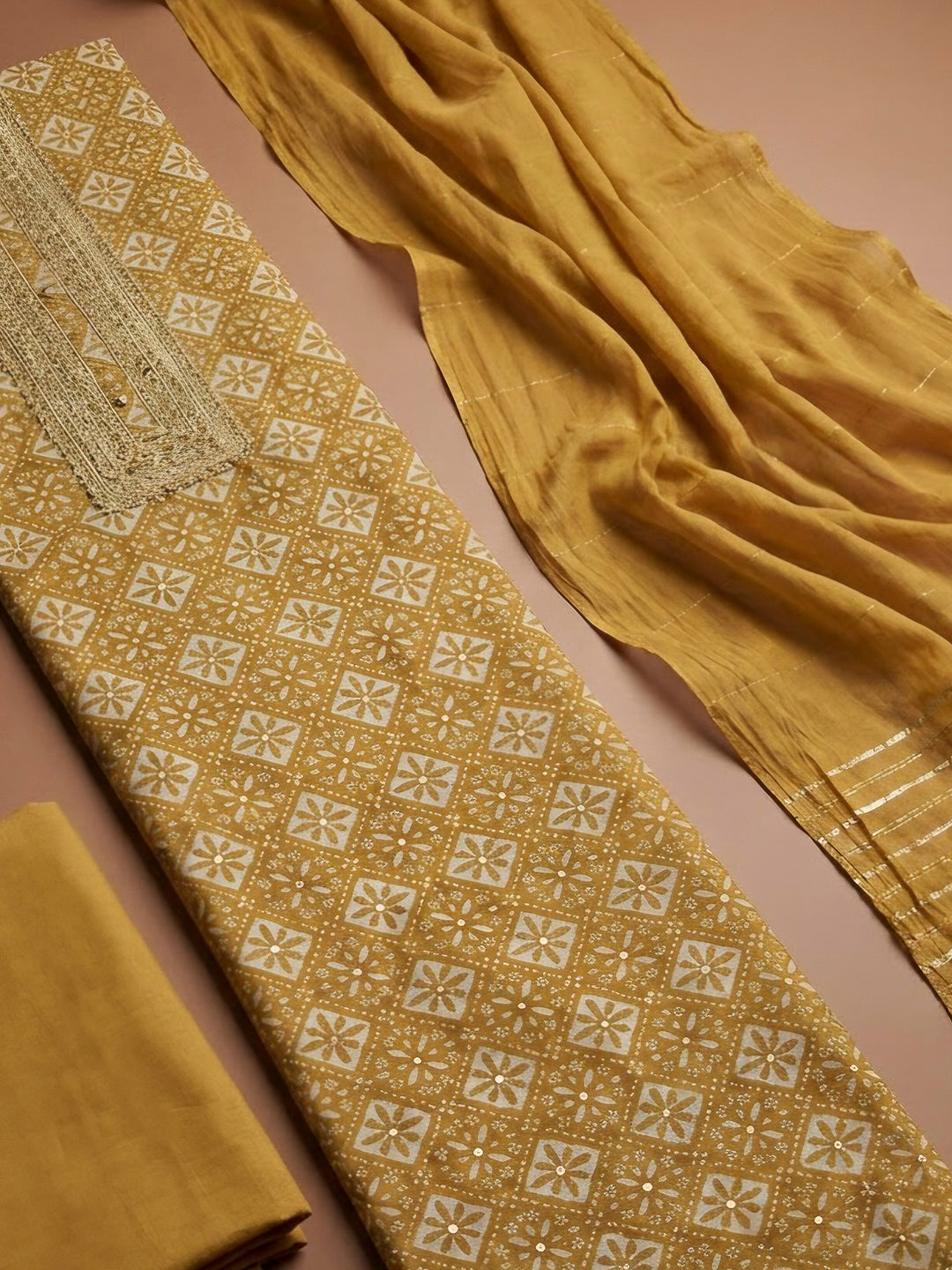 Mustard Cotton Blend Embroidered Unstitched Dress Material