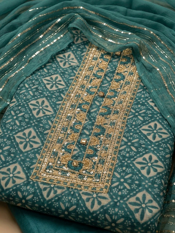 Rama Green Cotton Blend Embroidered Unstitched Dress Material
