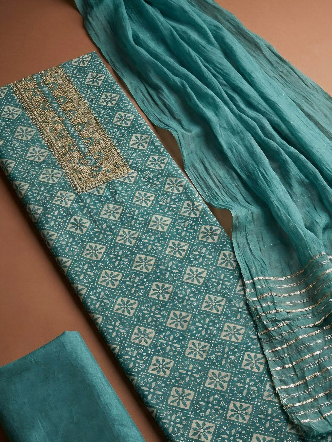 Rama Green Cotton Blend Embroidered Unstitched Dress Material
