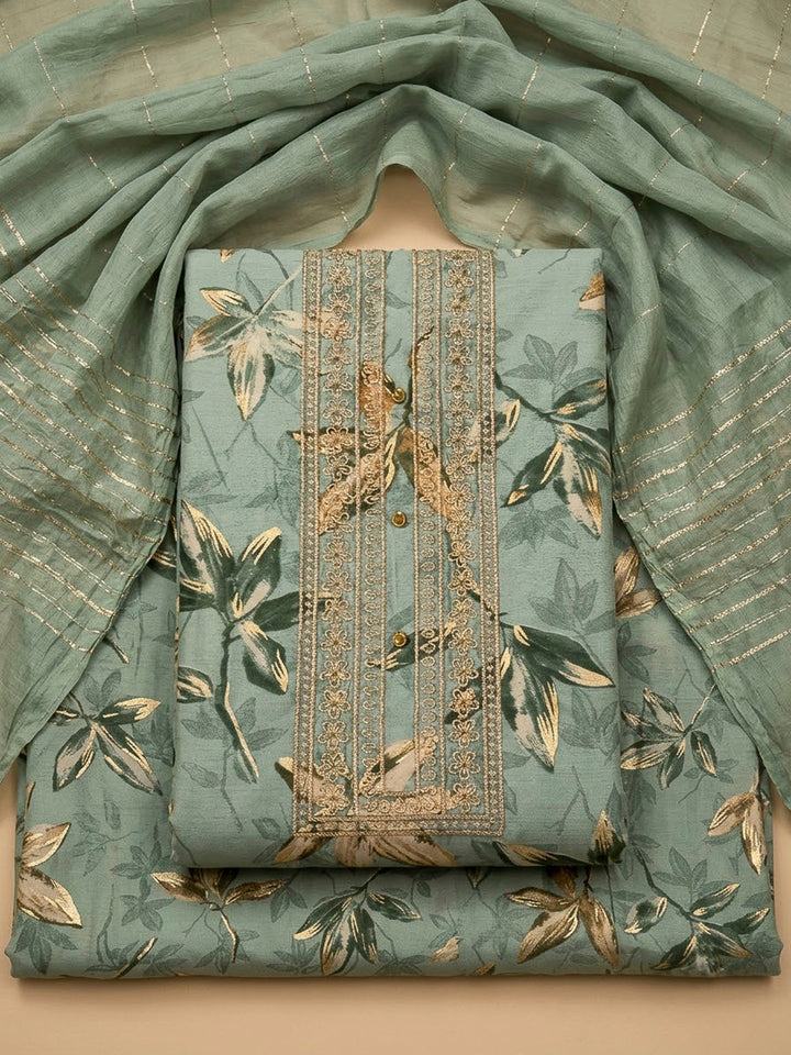 Aqua Green Cotton Blend Embroidered Unstitched Dress Material