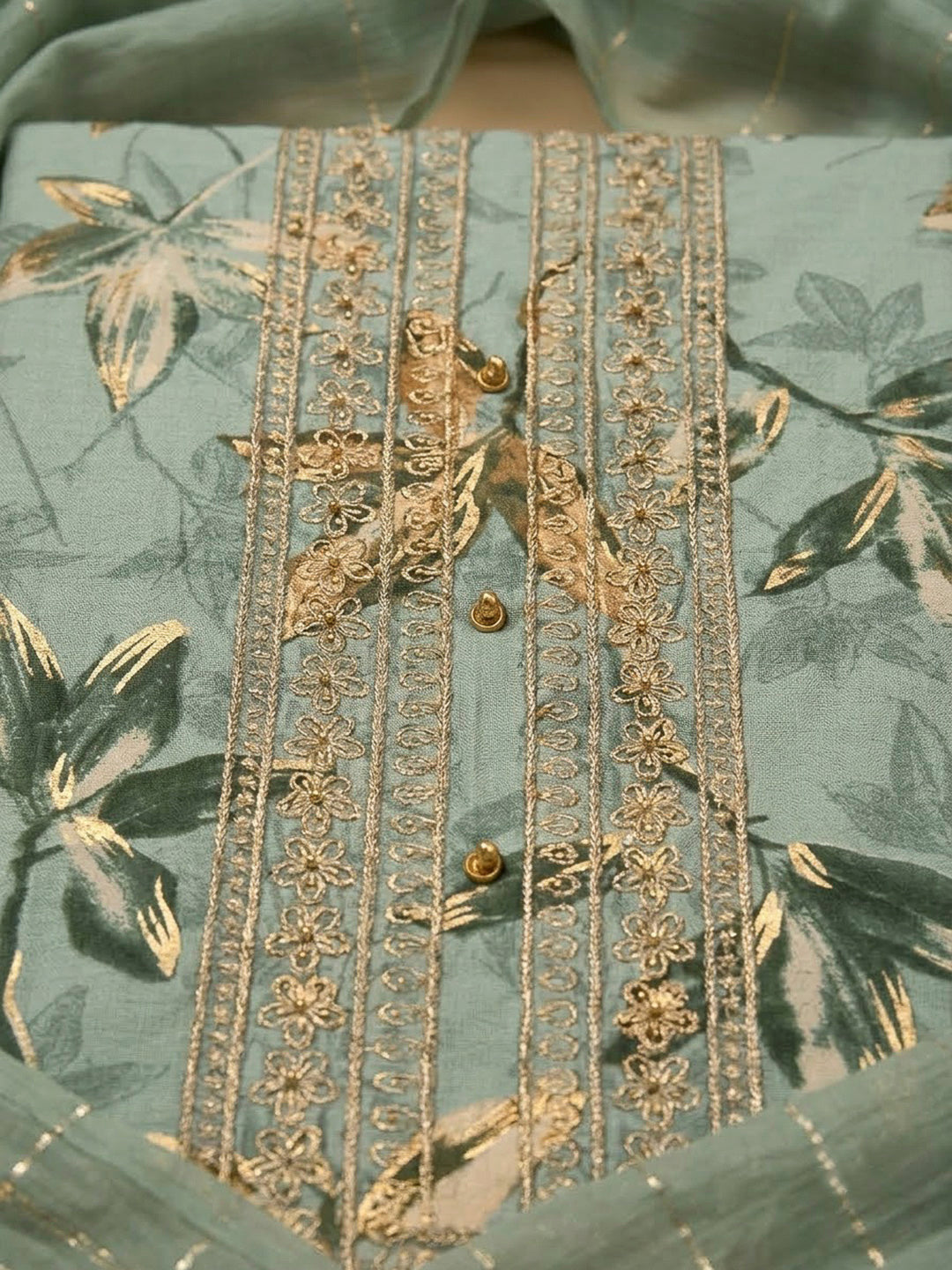 Aqua Green Cotton Blend Embroidered Unstitched Dress Material