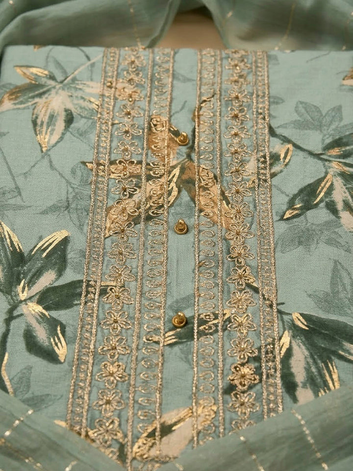 Aqua Green Cotton Blend Embroidered Unstitched Dress Material