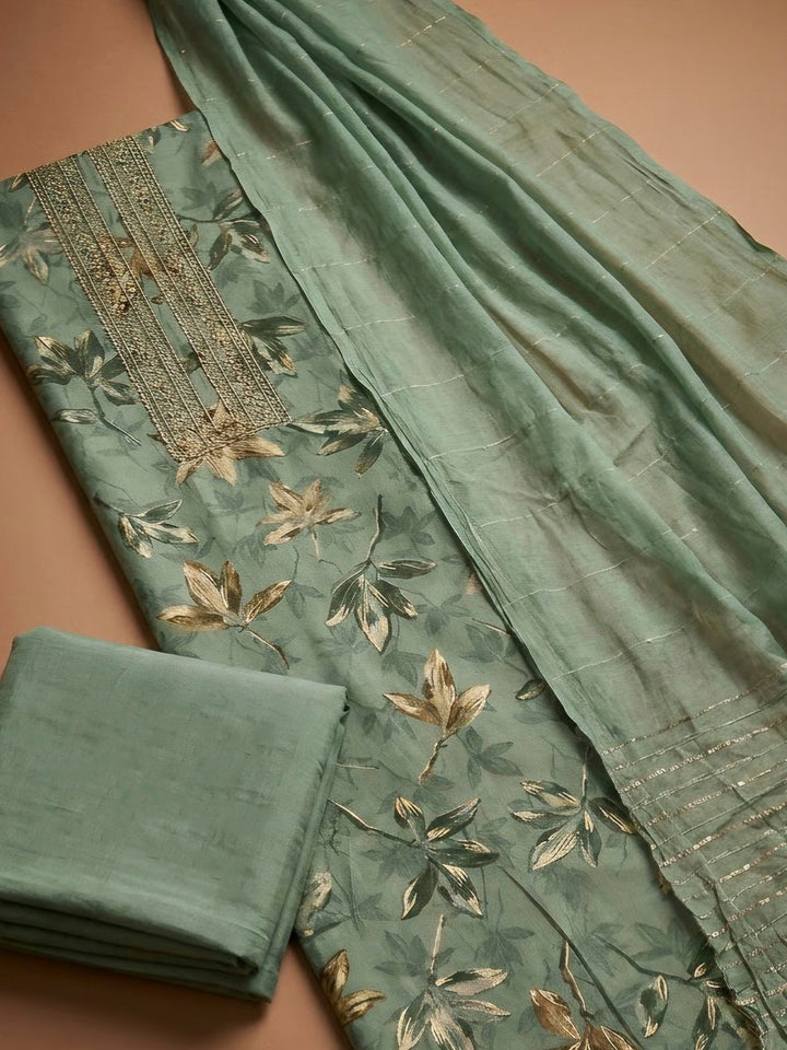 Aqua Green Cotton Blend Embroidered Unstitched Dress Material