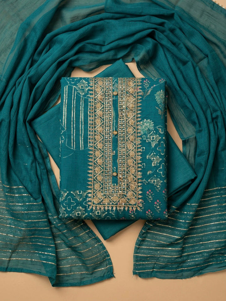 Blue Cotton Blend Embroidered Unstitched Dress Material