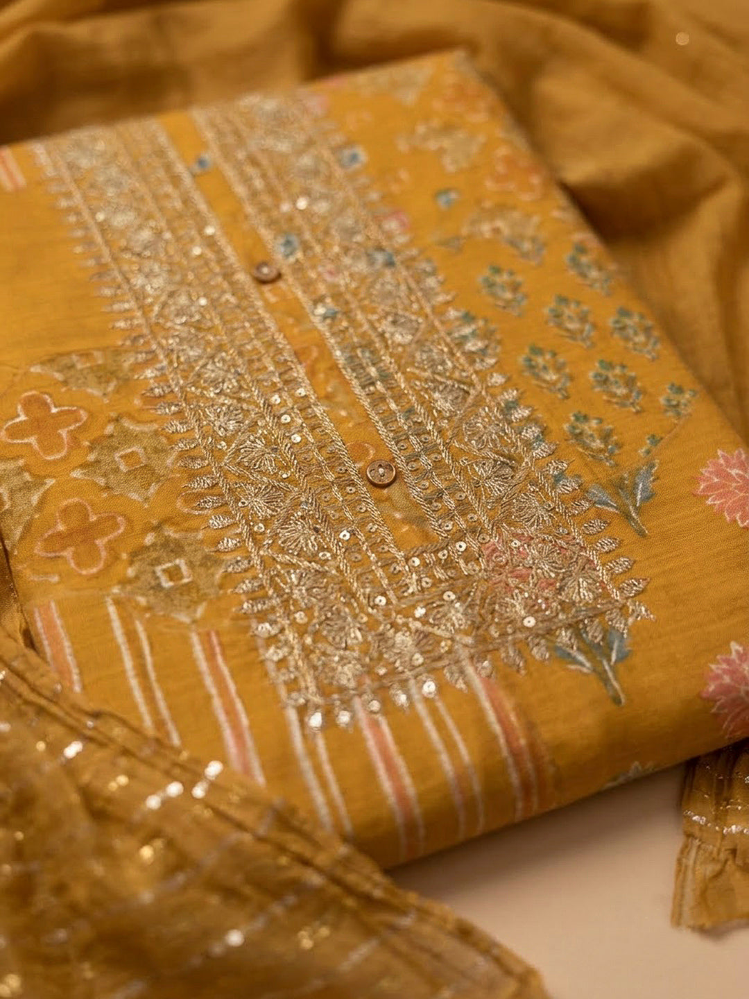 Orange Cotton Blend Embroidered Unstitched Dress Material
