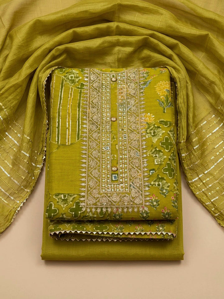 Pista Green Cotton Blend Embroidered Unstitched Dress Material