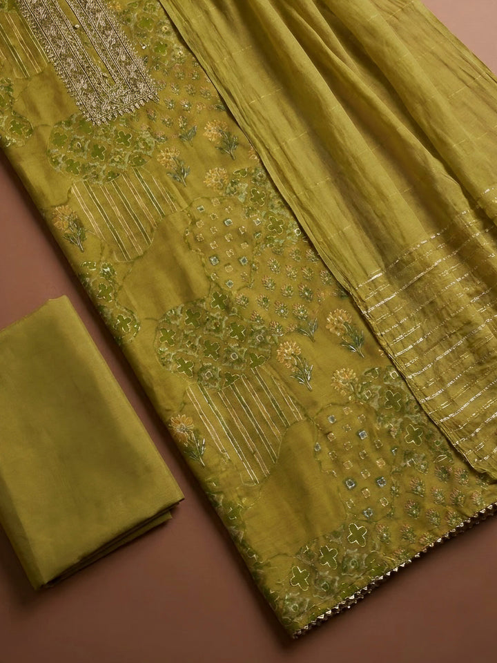 Pista Green Cotton Blend Embroidered Unstitched Dress Material
