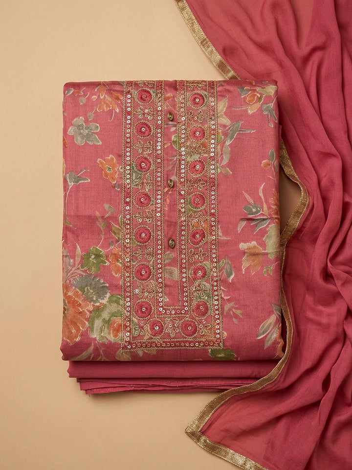 Hot Pink Cotton Blend Embroidered Unstitched Dress Material