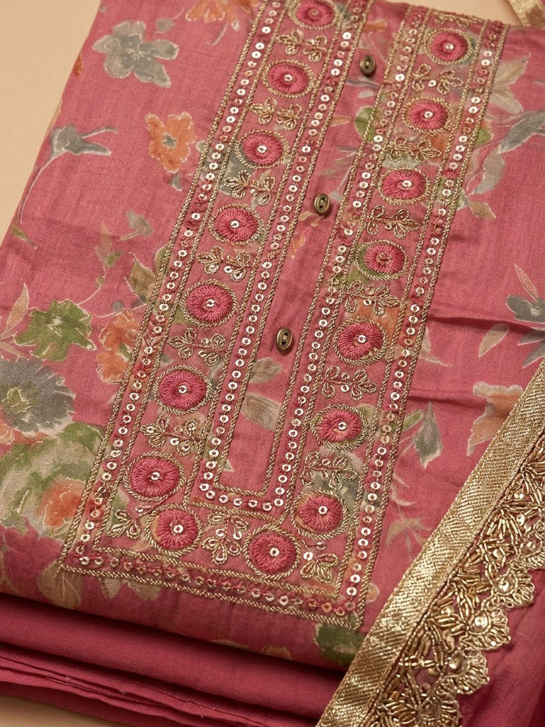 Hot Pink Cotton Blend Embroidered Unstitched Dress Material