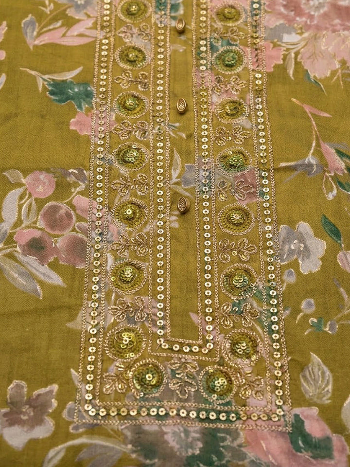 Mehndi Cotton Blend Embroidered Unstitched Dress Material