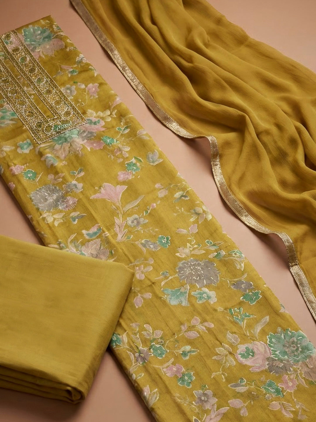 Mehndi Cotton Blend Embroidered Unstitched Dress Material