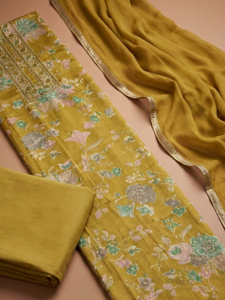 Mehndi Cotton Blend Embroidered Unstitched Dress Material