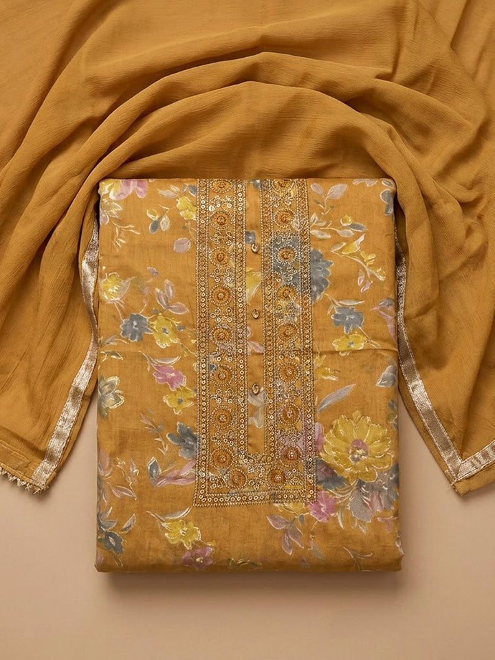 Mustard Cotton Blend Embroidered Unstitched Dress Material