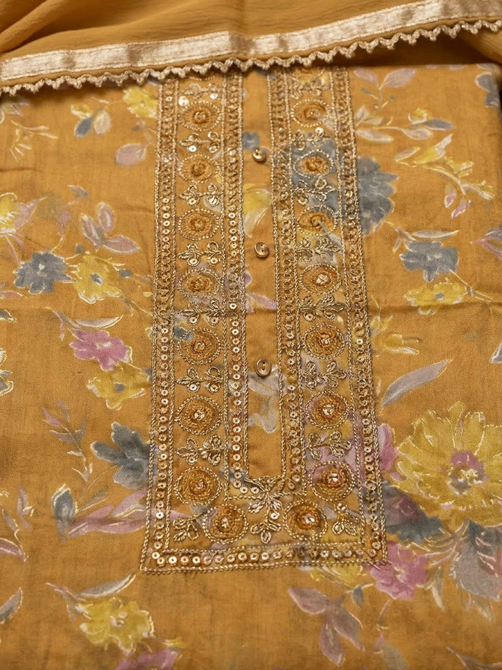 Mustard Cotton Blend Embroidered Unstitched Dress Material