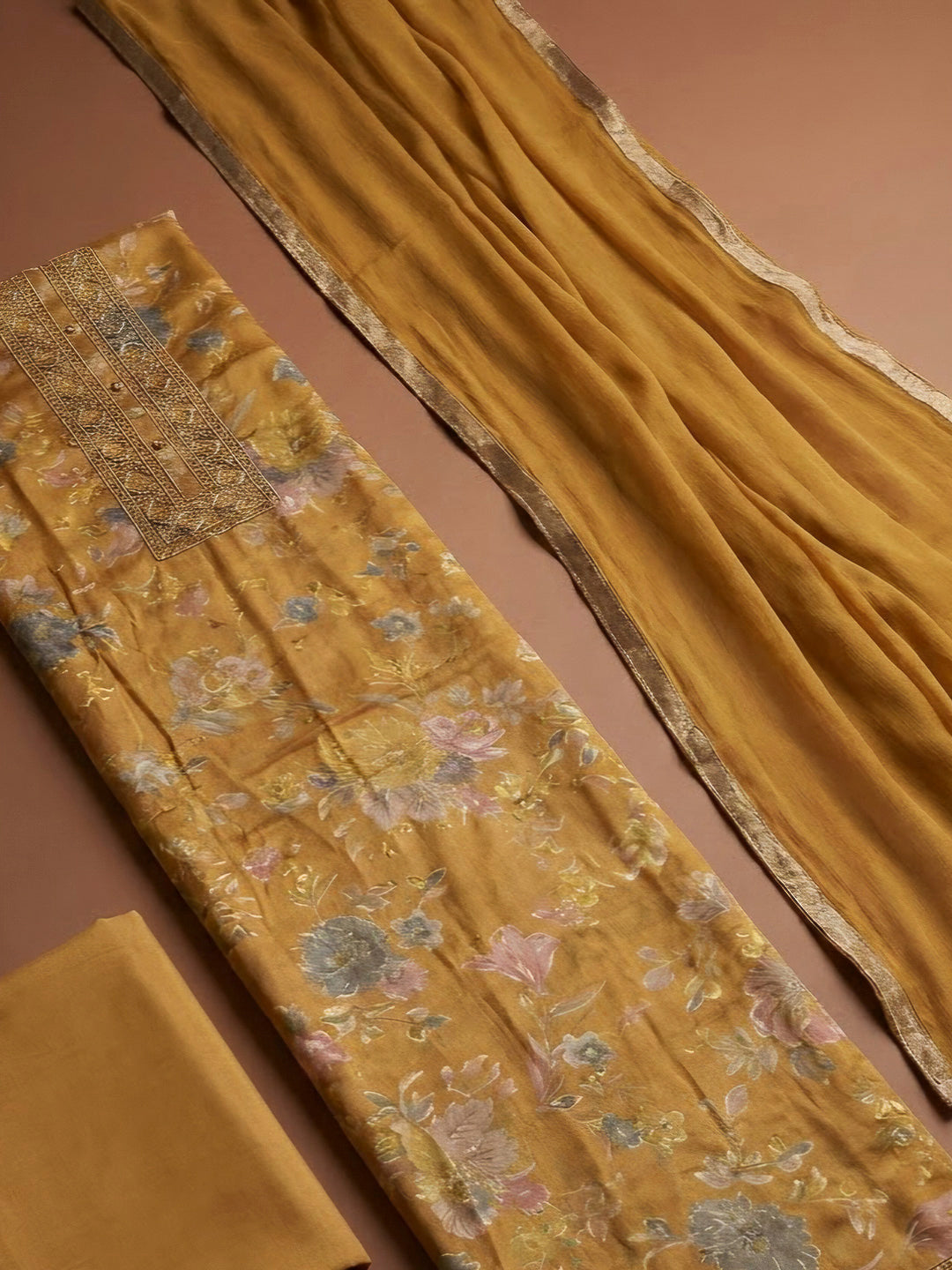 Mustard Cotton Blend Embroidered Unstitched Dress Material