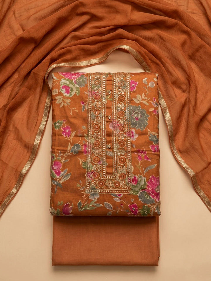 Rust Cotton Blend Embroidered Unstitched Dress Material