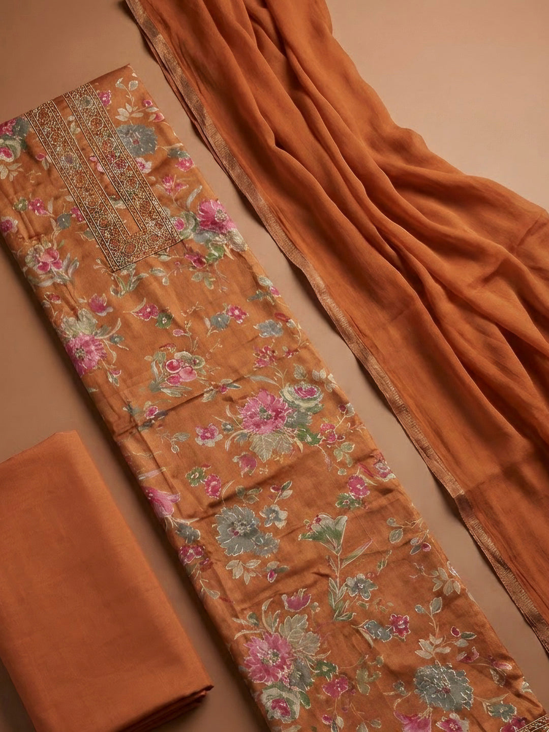 Rust Cotton Blend Embroidered Unstitched Dress Material