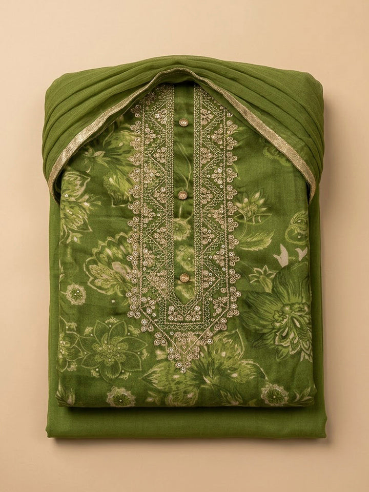 Green Cotton Blend Embroidered Unstitched Dress Material