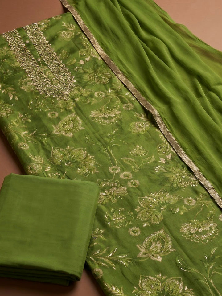 Green Cotton Blend Embroidered Unstitched Dress Material