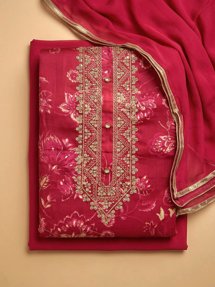 Hot Pink Cotton Blend Embroidered Unstitched Dress Material
