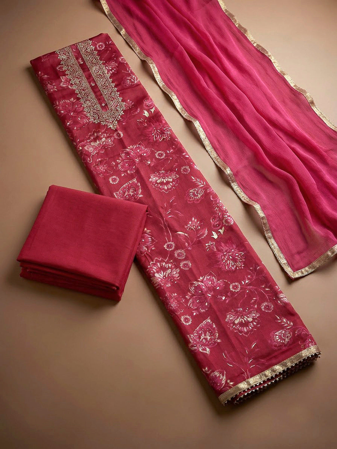Hot Pink Cotton Blend Embroidered Unstitched Dress Material