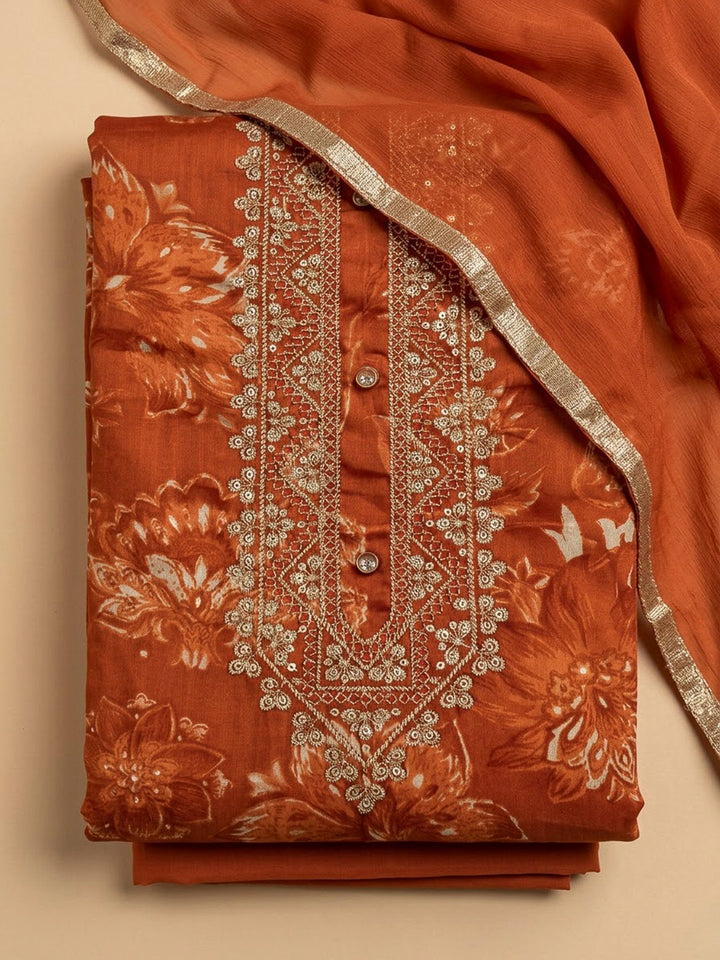 Rust Cotton Blend Embroidered Unstitched Dress Material