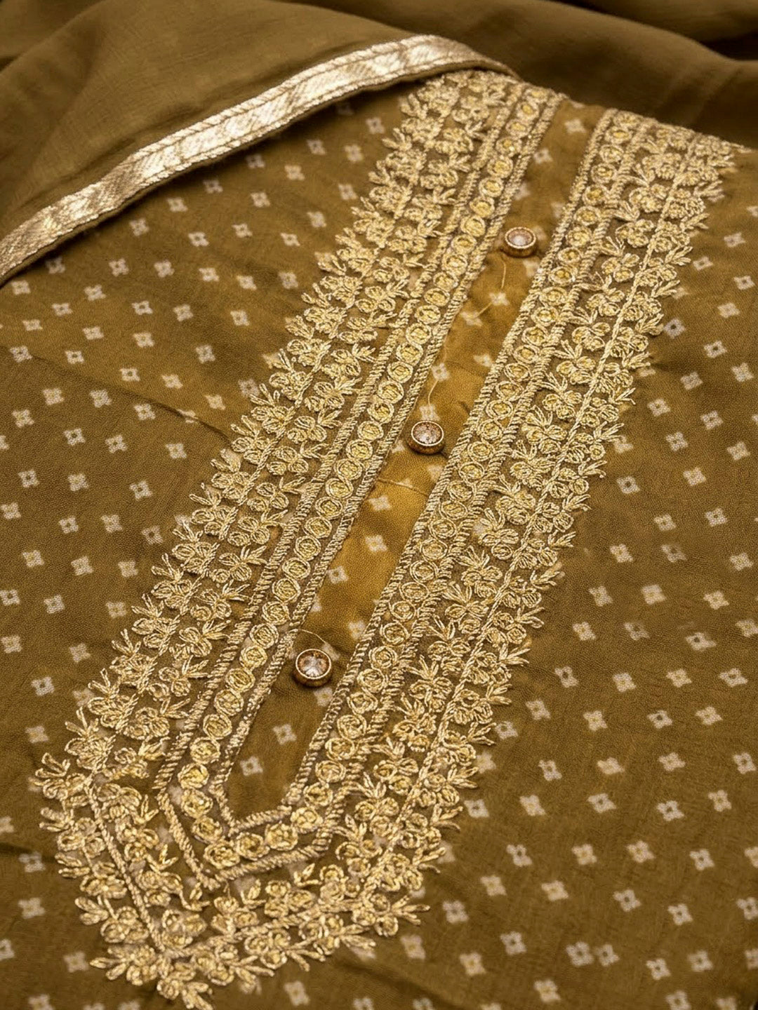 Mehndi Cotton Blend Embroidered Unstitched Dress Material