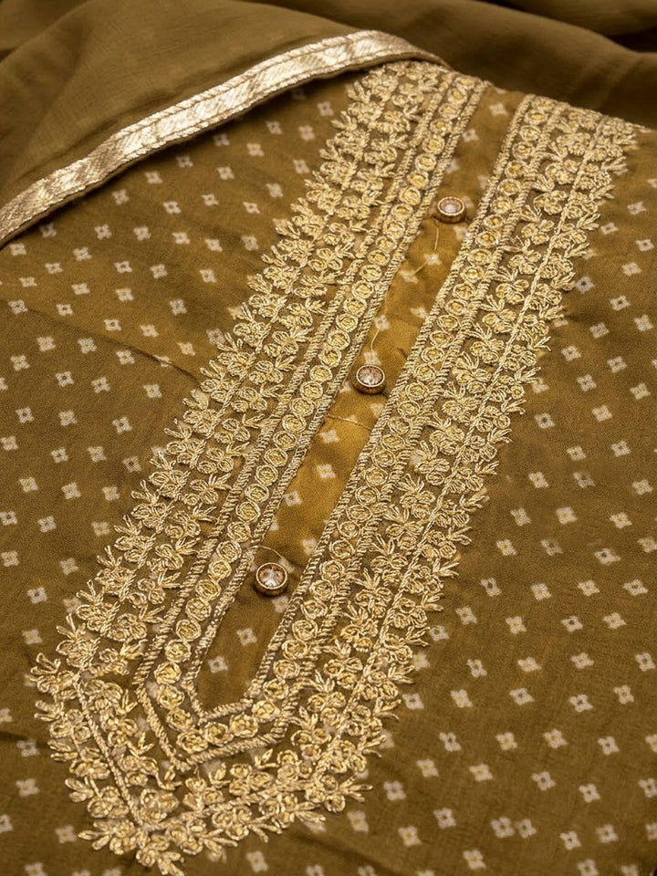 Mehndi Cotton Blend Embroidered Unstitched Dress Material