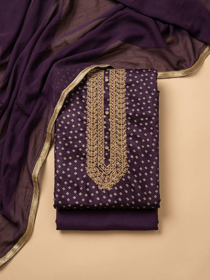 Purple Cotton Blend Embroidered Unstitched Dress Material