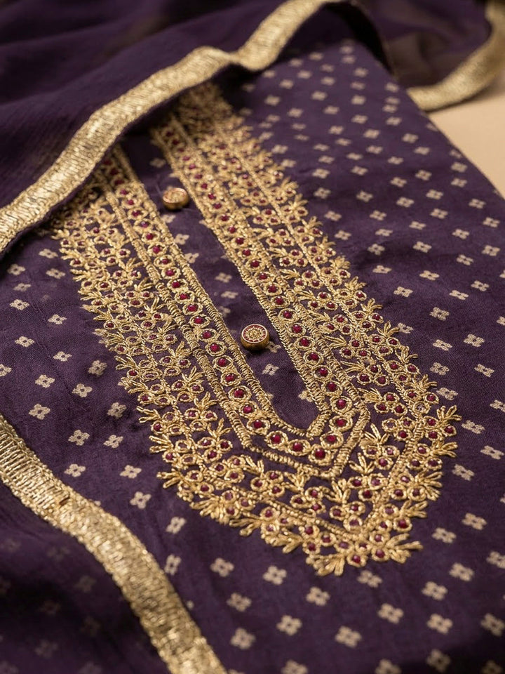 Purple Cotton Blend Embroidered Unstitched Dress Material