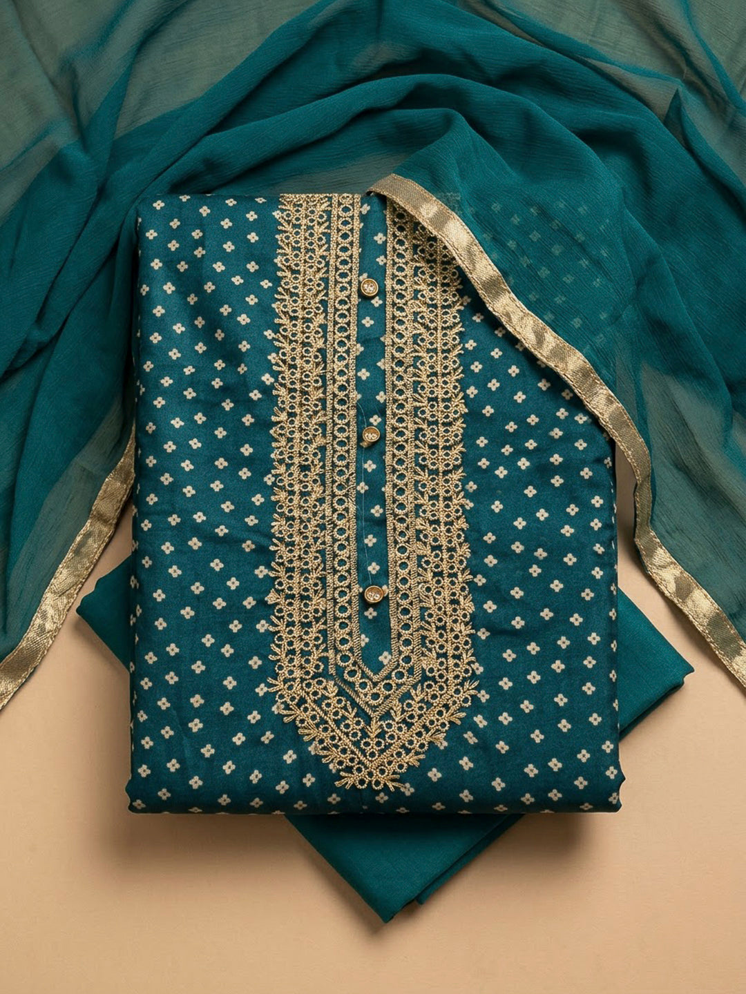 Rama Green Cotton Blend Embroidered Unstitched Dress Material