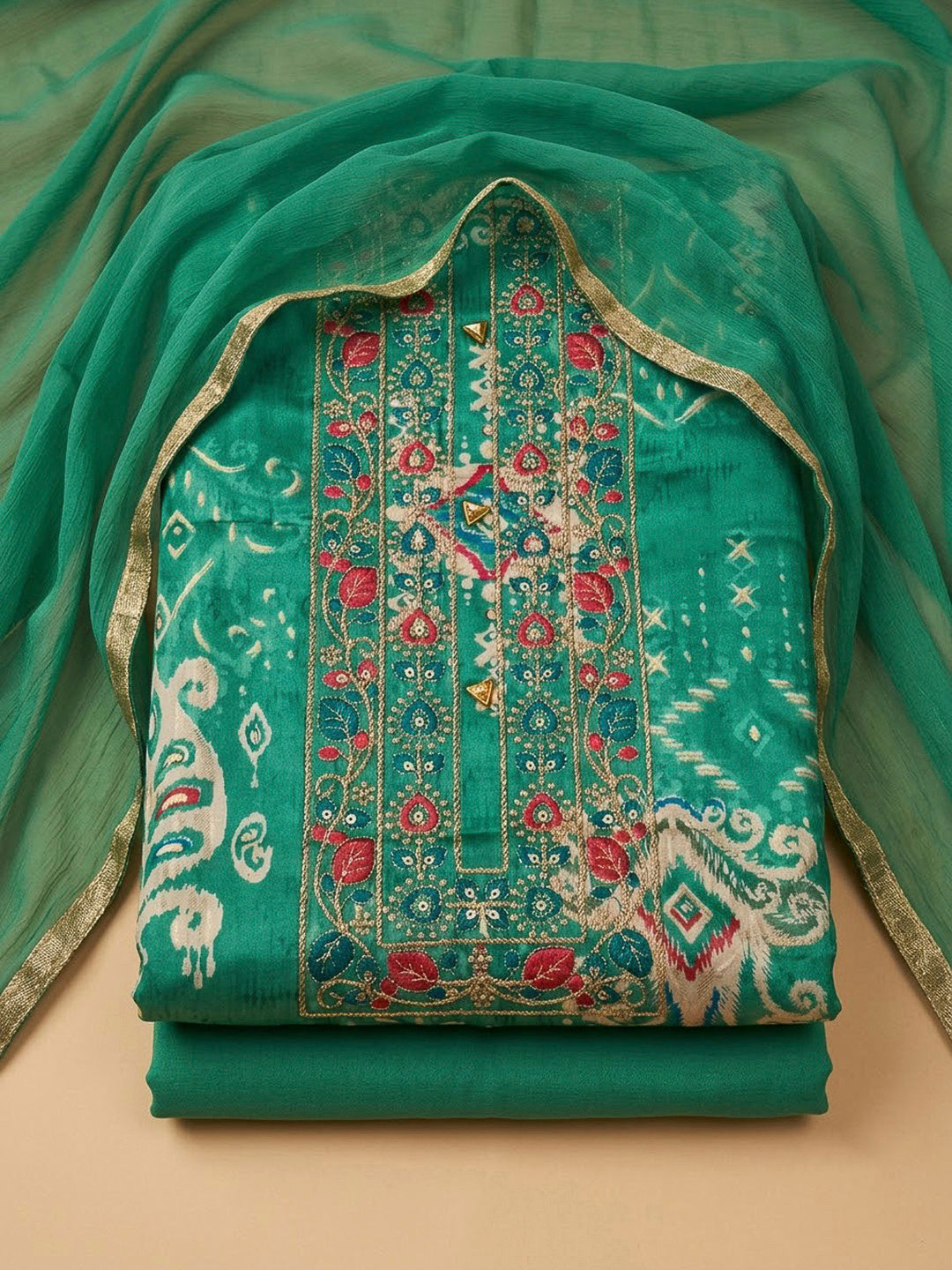 Green Cotton Blend Embroidered Unstitched Dress Material