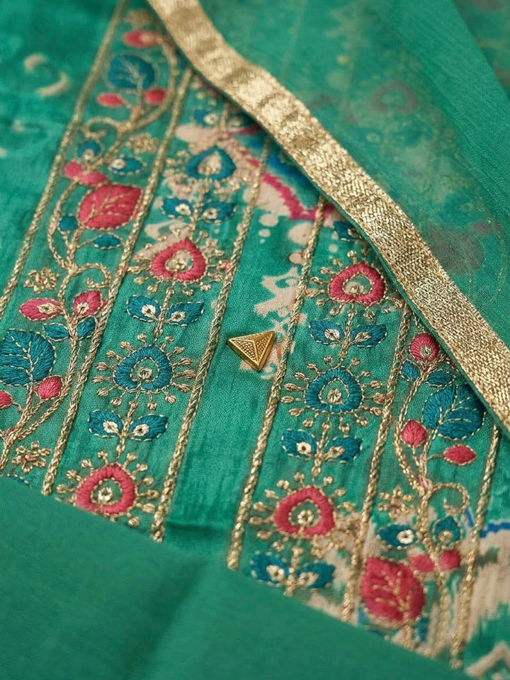 Green Cotton Blend Embroidered Unstitched Dress Material