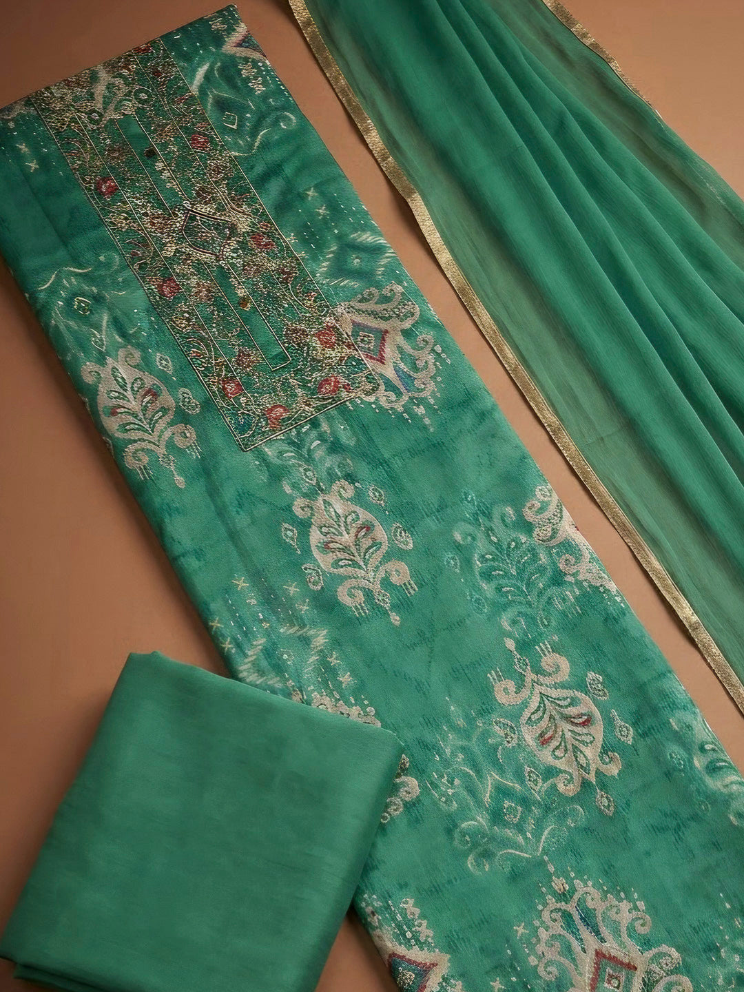 Green Cotton Blend Embroidered Unstitched Dress Material