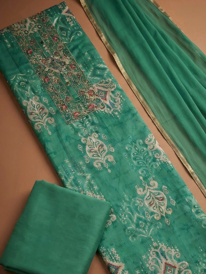 Green Cotton Blend Embroidered Unstitched Dress Material
