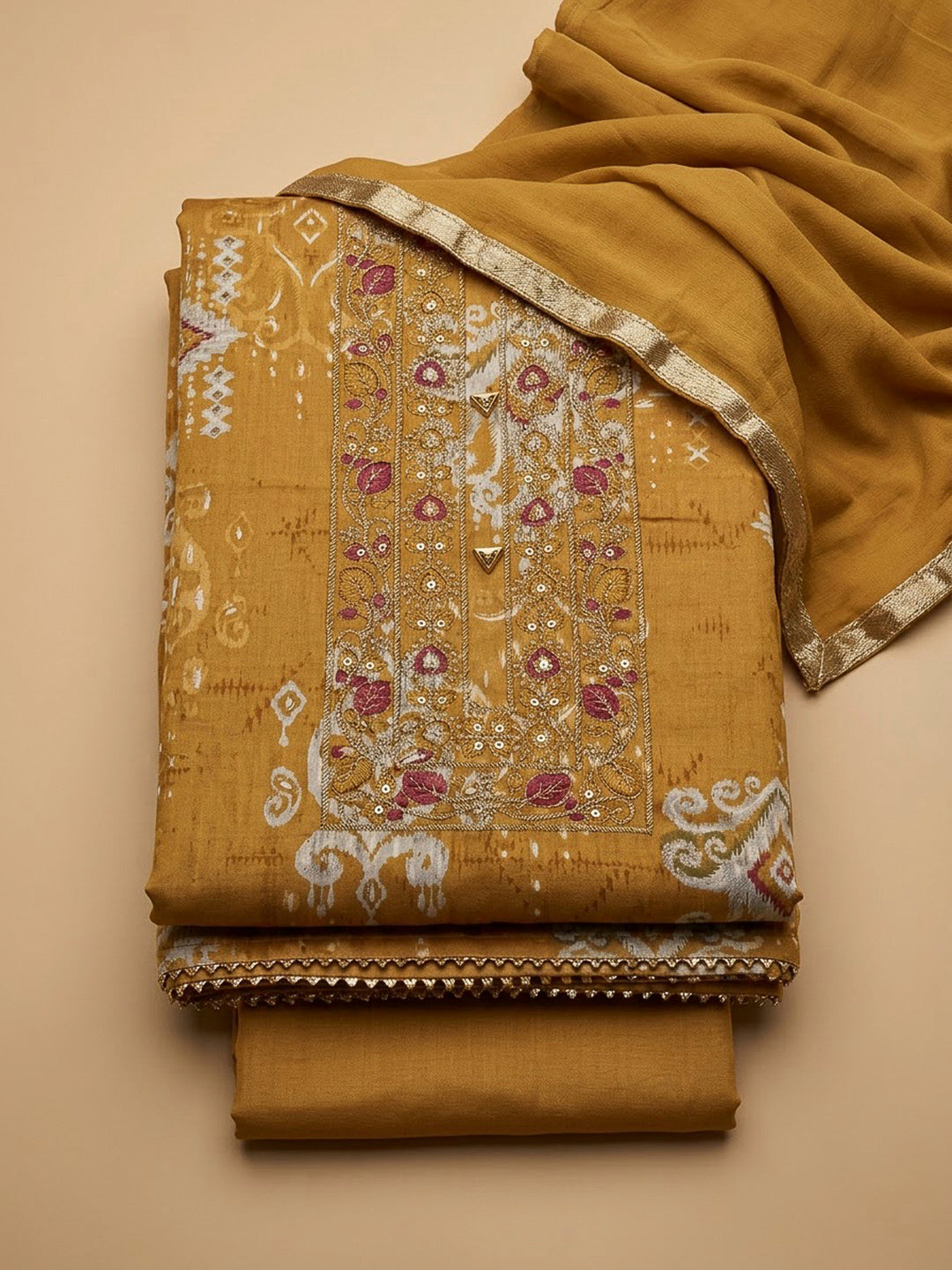 Mustard Cotton Blend Embroidered Unstitched Dress Material