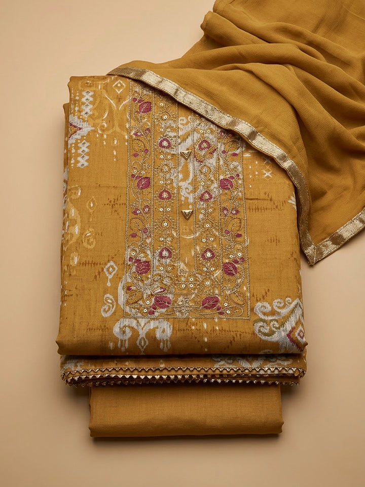 Mustard Cotton Blend Embroidered Unstitched Dress Material