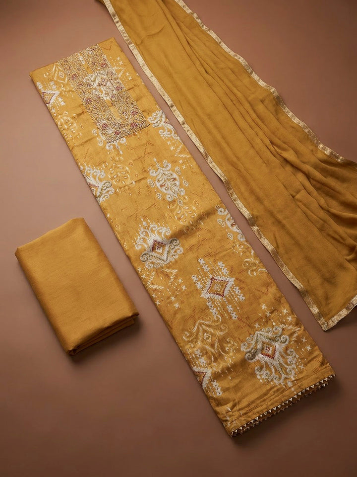 Mustard Cotton Blend Embroidered Unstitched Dress Material